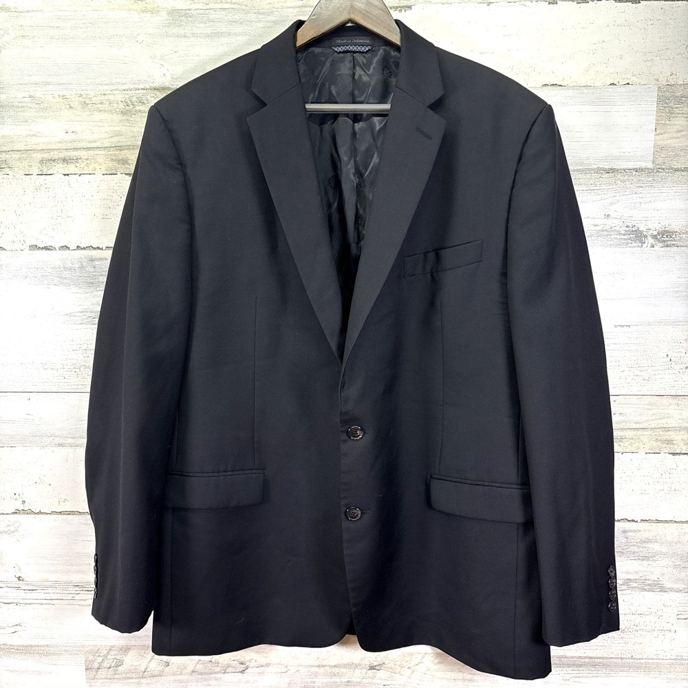 LAUREN Ralph Lauren Mens Black Wool Blend 2 Button Summer Blazer Jacket Size 46L